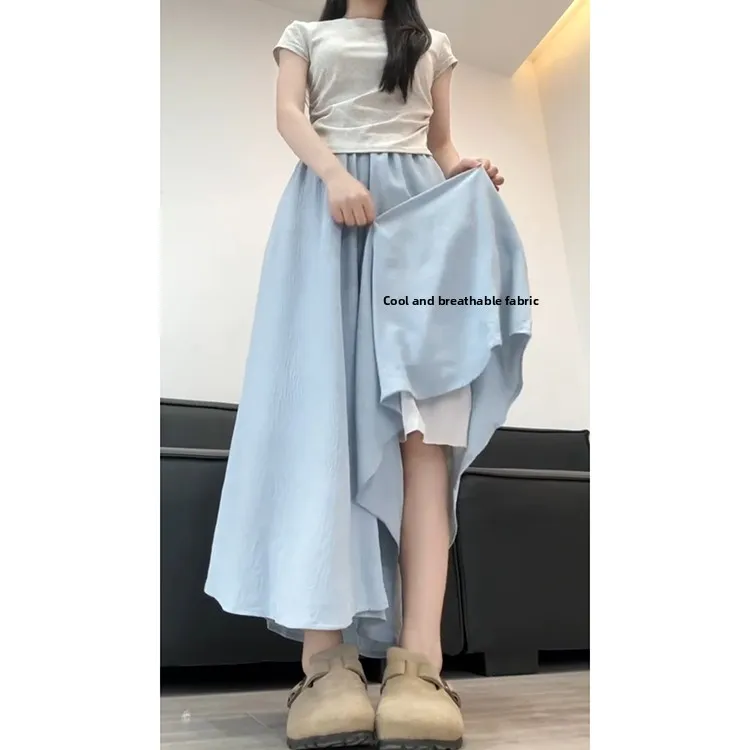 Pantaloni a gamba larga in seta blu ghiaccio Donna Estate Nuovi pantaloni larghi dimagranti con gonna a f Pendolarismo Sle Vita alta Nove punti Poliestere...