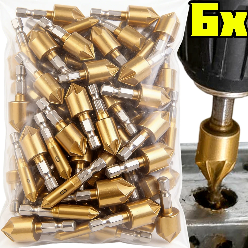 

6PCS Hex Shank Reanming Drill Bit Kit High Carbon Steel Woodworking Chamfering Cutter Tool 6mm-19mm Countersink Drill Bits