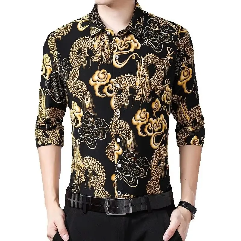 

Lucky Cloud Dragon Print Shirts For Men Long Sleeve Coolness Icy Summer Quality Soft Comfortable Chinese Style Camisas De Hombre