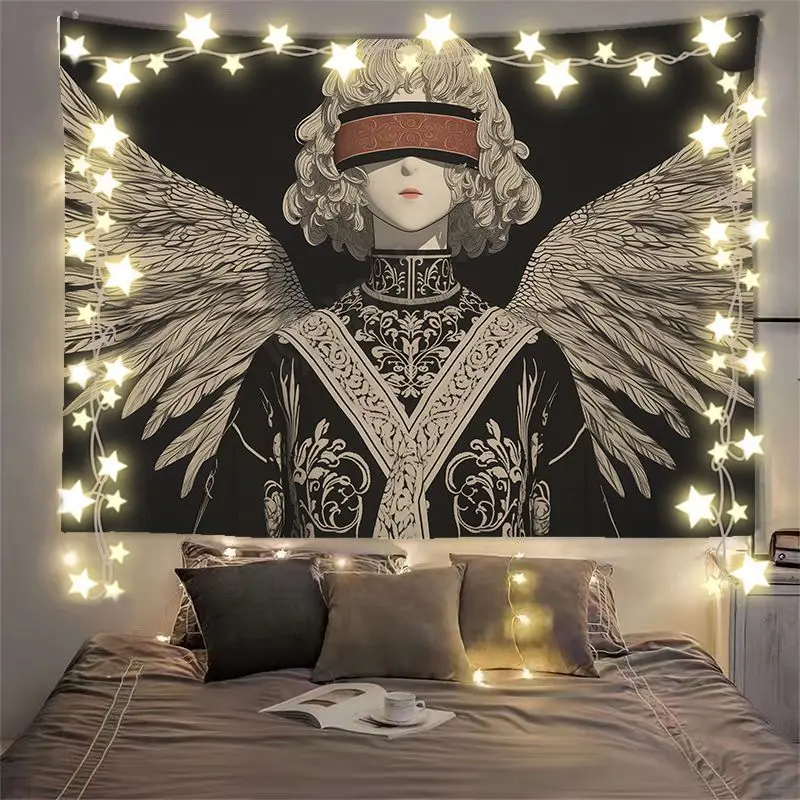 VIKAMA Dark Winged Blindfold Figure Wide Tapestry Hanging for Living Room Wall Art Cozy Aesthetic Warm Unique Home Decor