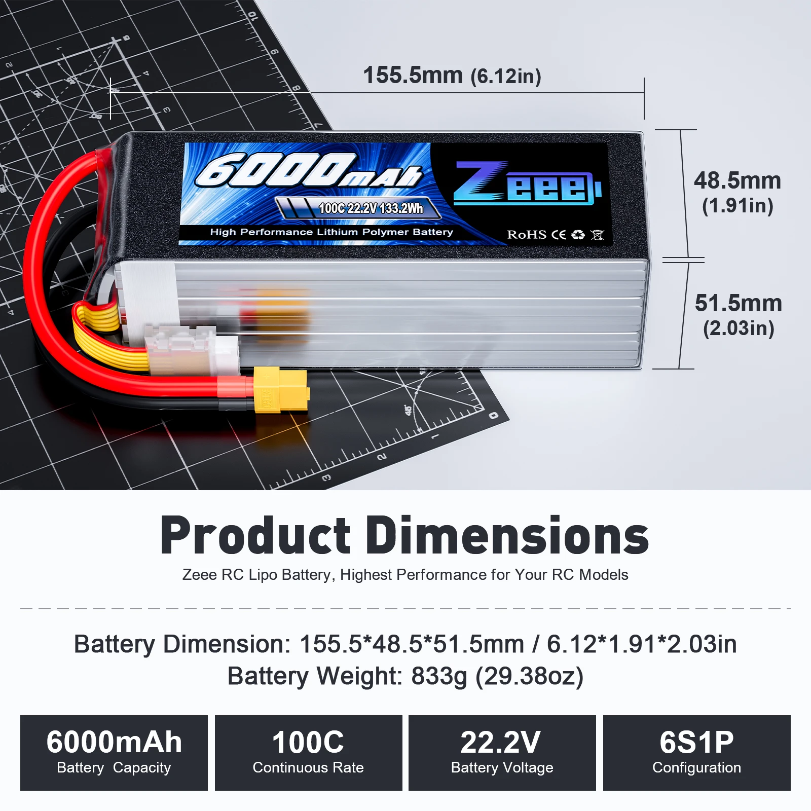 Zeee 6S Lipo Battery 22.2V 50C 100C 6000mAh FPV Drone Battery with XT60 Softcase for RC Car Boats Airplane RC Model Parts дрон