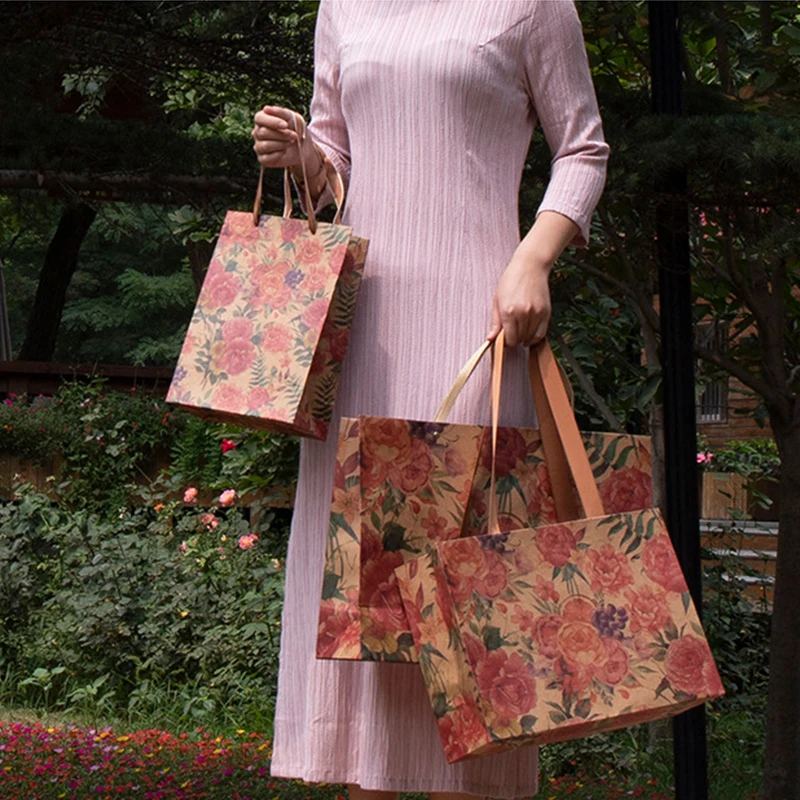 

10PCS Rose Kraft Paper Bag Gift Bags Shopping Bags Packing Bag With Handles Hanfu Clothes Tote Bag Handbag Wedding Party Gift