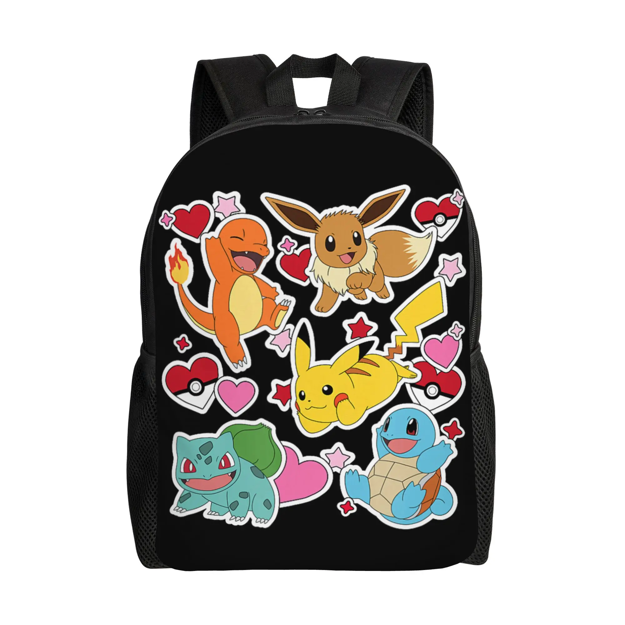 mochilas-bandai-pokemon-eevee-pikachu-charmander-squirtle-bulbasaur-hearts-daypack-mochila-campus-com-fecho-de-ziper