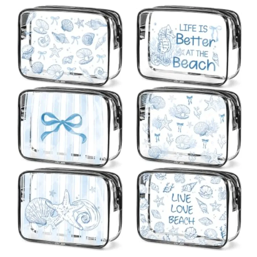 6pcs Clear Ocean Beach Cosmetic Bag Gifts - Sea Weekend Cruise Essentials Makeup Bag Travel PVC Toiletry Organizer Travel Vacat
