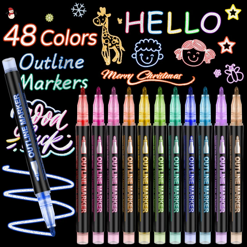 8-48 Colors Double-line Outline Pen Contour Pen Dream Flash Pen Contour Metallic Marker Pens DIY Handbook Fluorescent Marker