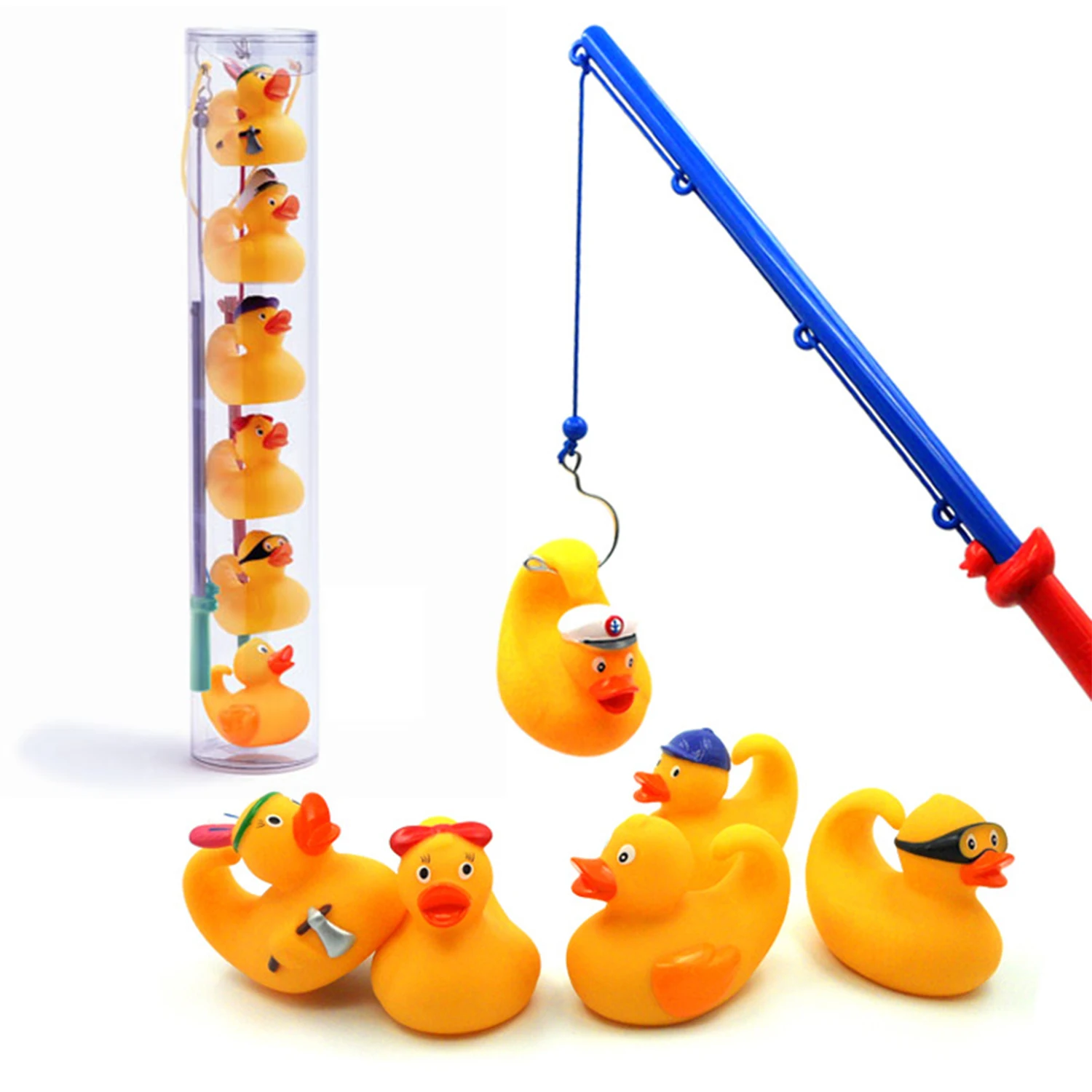 8 Pcs Bathtub Toy Duck Fishing Game - 2 toy fishing rods and 6 rubber ducks - teach numbers