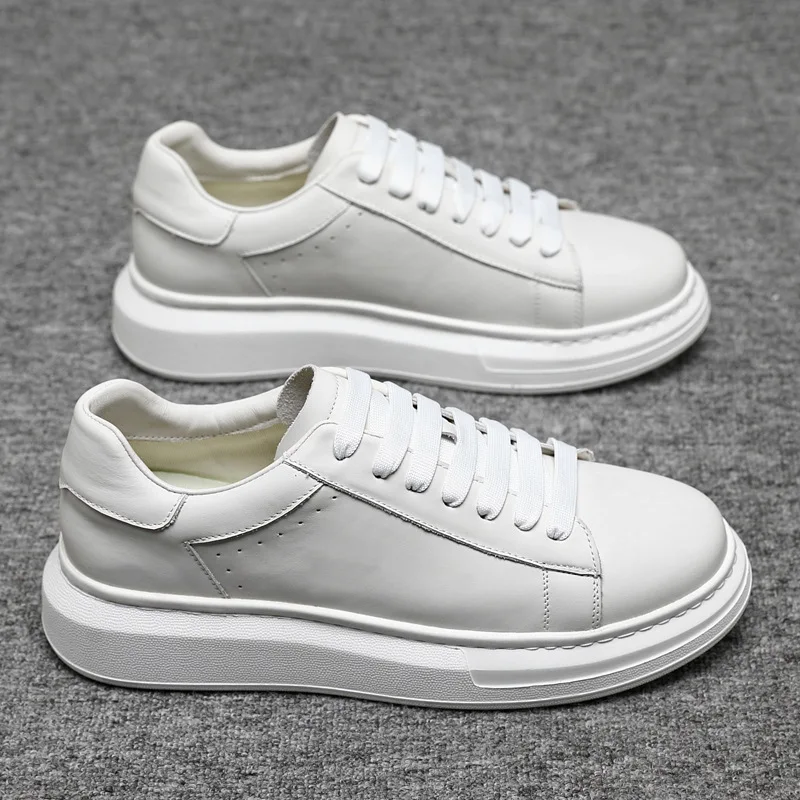 

First layer cowhide white shoes thick sole white height increasing sports board shoes men's versatile business shoes