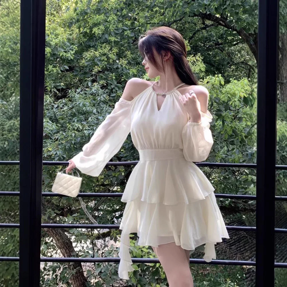 Sweet Sle ort Skirt Chiffon Dr Date Princ Skirt Floral  Waist Cinch Autumn Winter Faion for Rich Girls