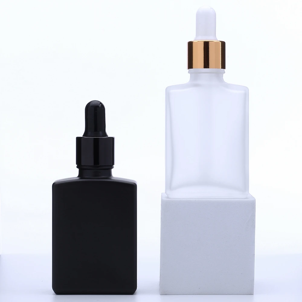 200pcs 30ml Clear Frosted Black Square Rectangle Glass Essential Oil Dropper Bottle With Rose Gold Dropper Lid