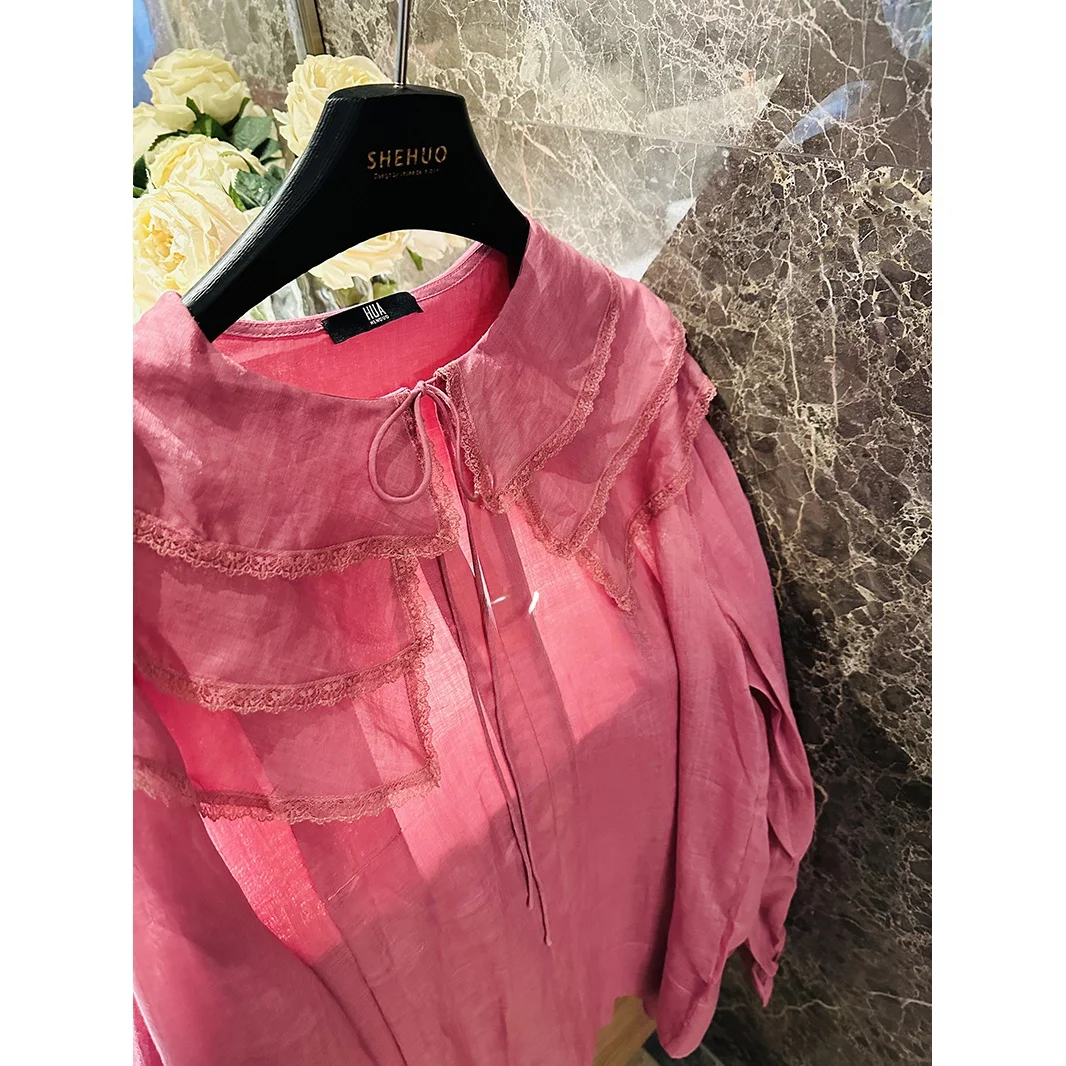 

Romantic Victoria Fairy Court Shirt Peach Pink Lotus Leaf Ultra Light Long Sleeve Women's Loose Fit Breathable Shirt