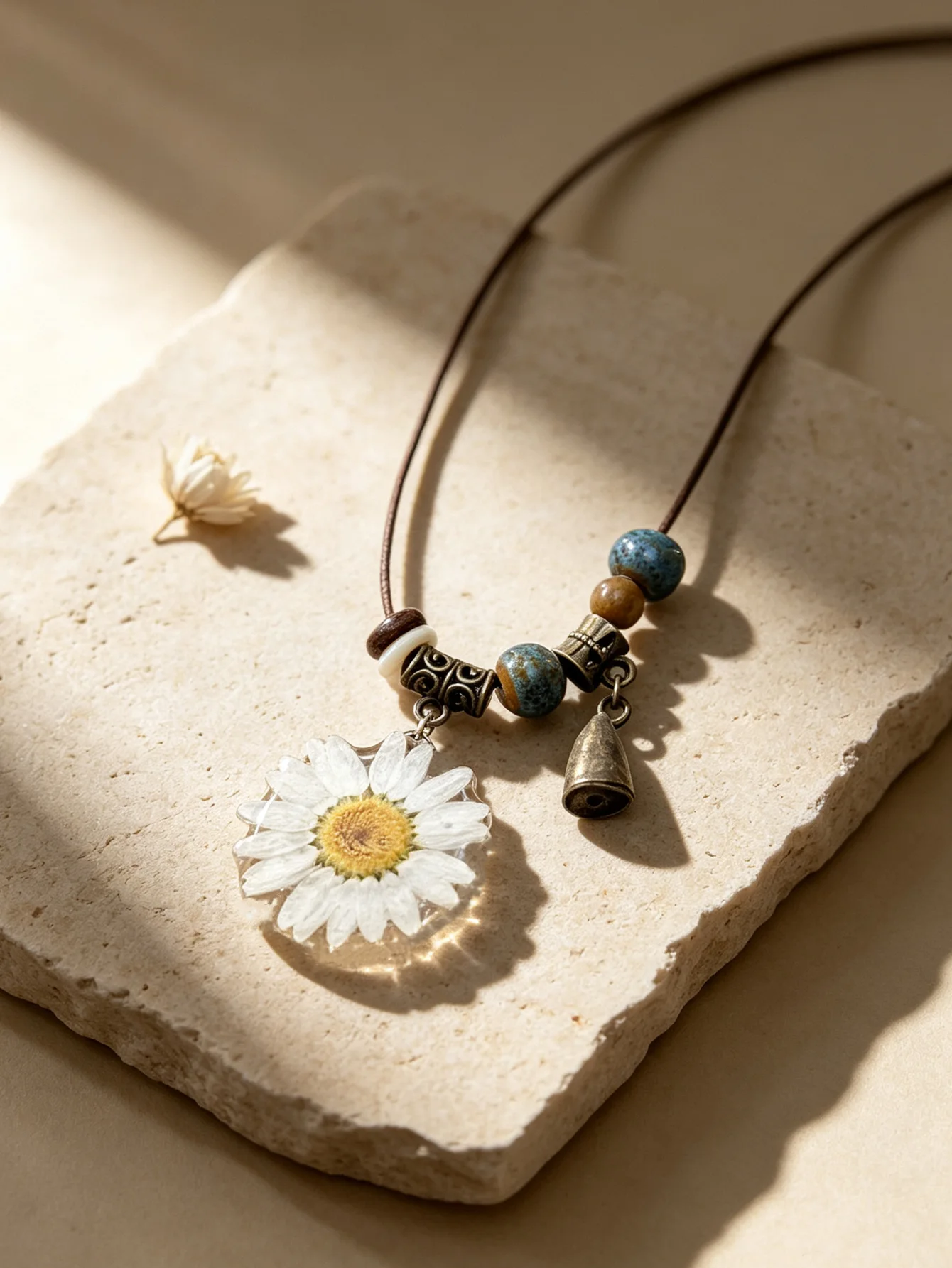 MOJOY Resin Casting Process Sweet Romance White Daisy Flower Beads Pendant Necklace Women Trendy Retro Neck Chain Jewelry Gifts