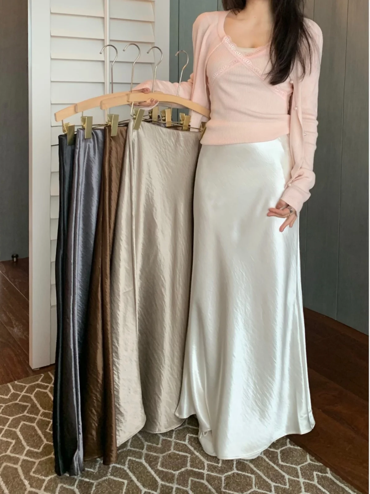 Elegant Satin Drape High Waist Fish Tail Skirt Women's Long Skirt Autumn Commute Korean Sle Other Material Thick A-Line Skirt