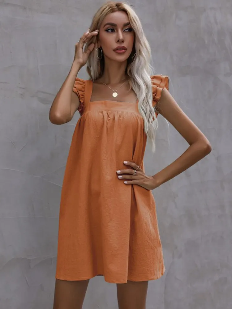 Msfilia Women Summer Square Collar Slip Dress Loose Ruffle Solid Color Cotton Linen Casual Chic Dresses image 6