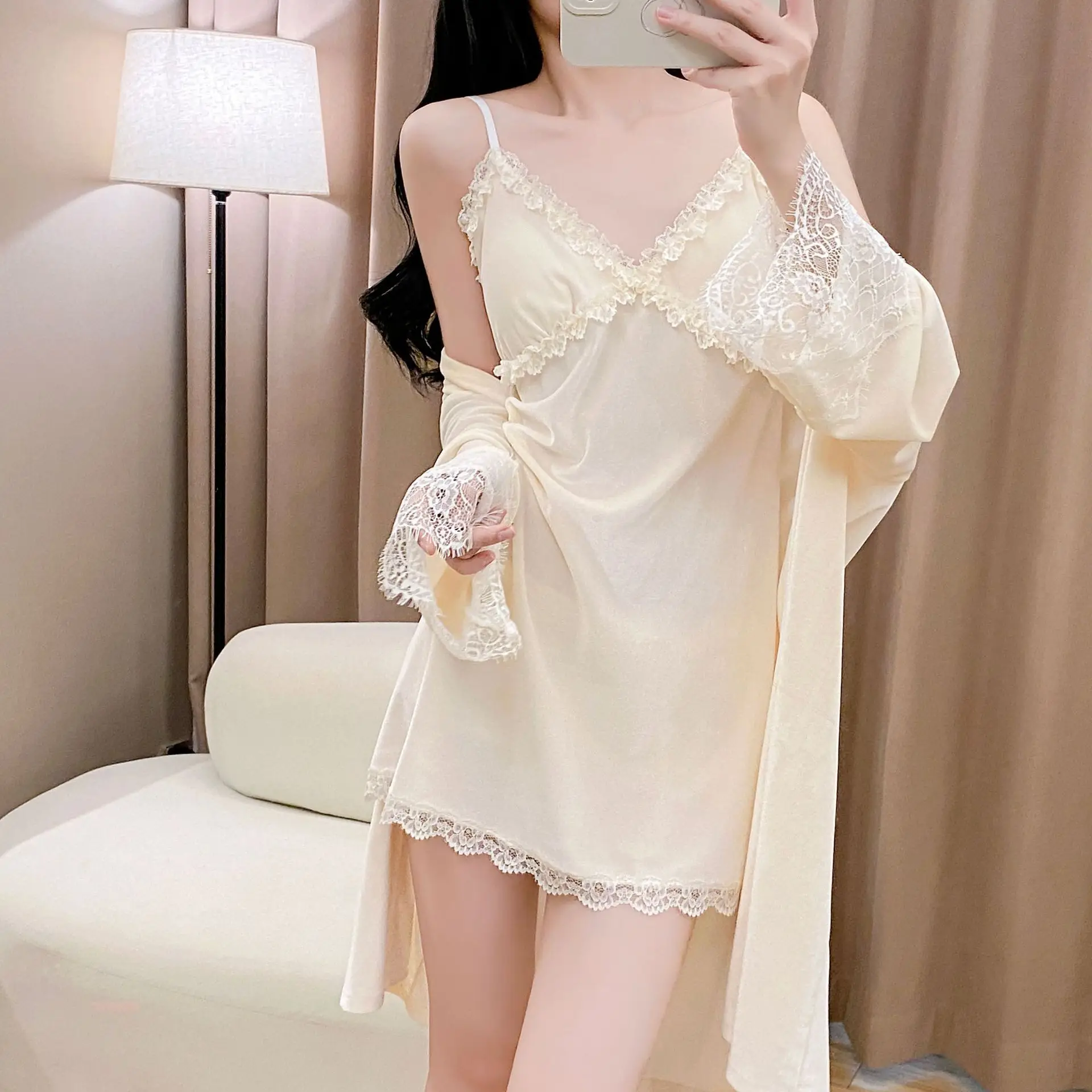 

Велюровый домашний халат, сексуальное кружевное лоскутное белье для сна, теплая бархатная ночная рубашка, домашняя одежда, короткое кимоно, пижамный костюм из 2 предметов