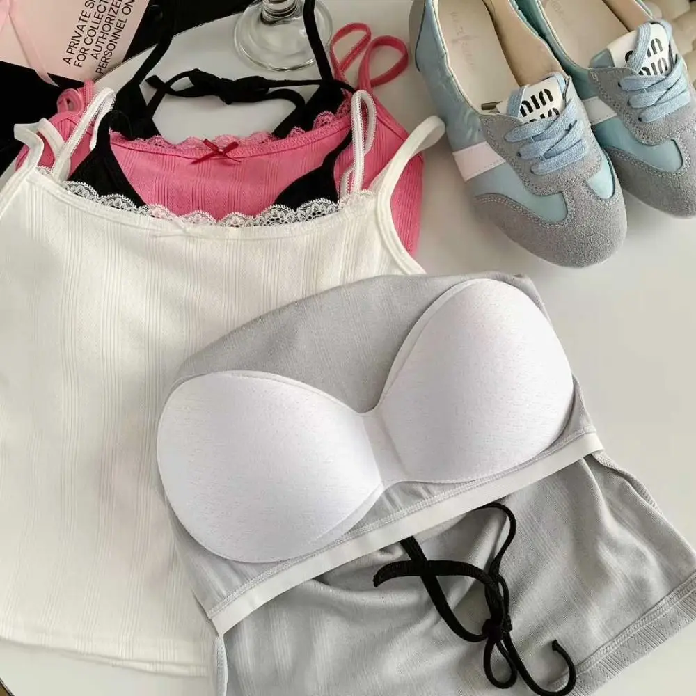 Sweet Sleeveless Lace Trim Camisole Slim Underwear Tie Back Camisole Top With Padded Cups Suspender Vest Sports Activities