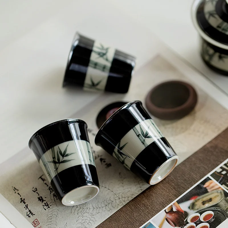 2pc/Set Pure Hand-painted Ink Bamboo Ceramic Tea Cup Black Ground Scented Teacup Incense Cup Master Cup Drinkware Tea Set 40ml