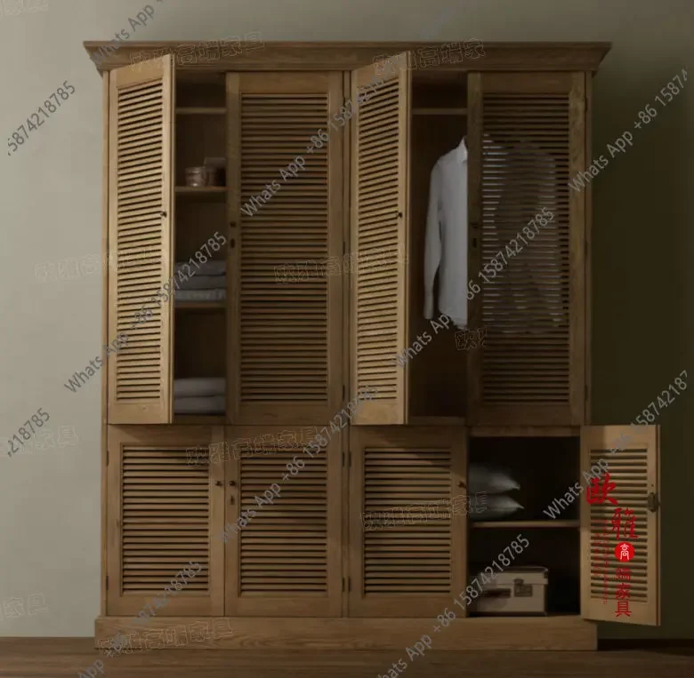 

N64 American antique old black wardrobe two French antique louvers four-door large wardrobe solid wood furniture