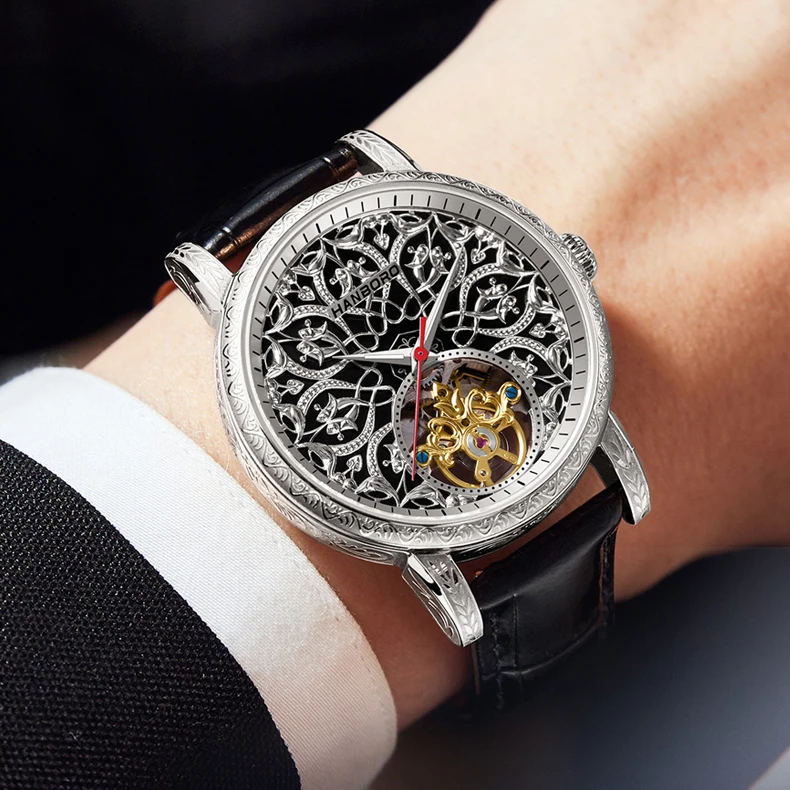 HANBORO Orologio automatico da uomo 42mm Orologio da polso meccanico vintage Luminoso 50M Impermeabile Zaffiro intagliato Quadrante scavato