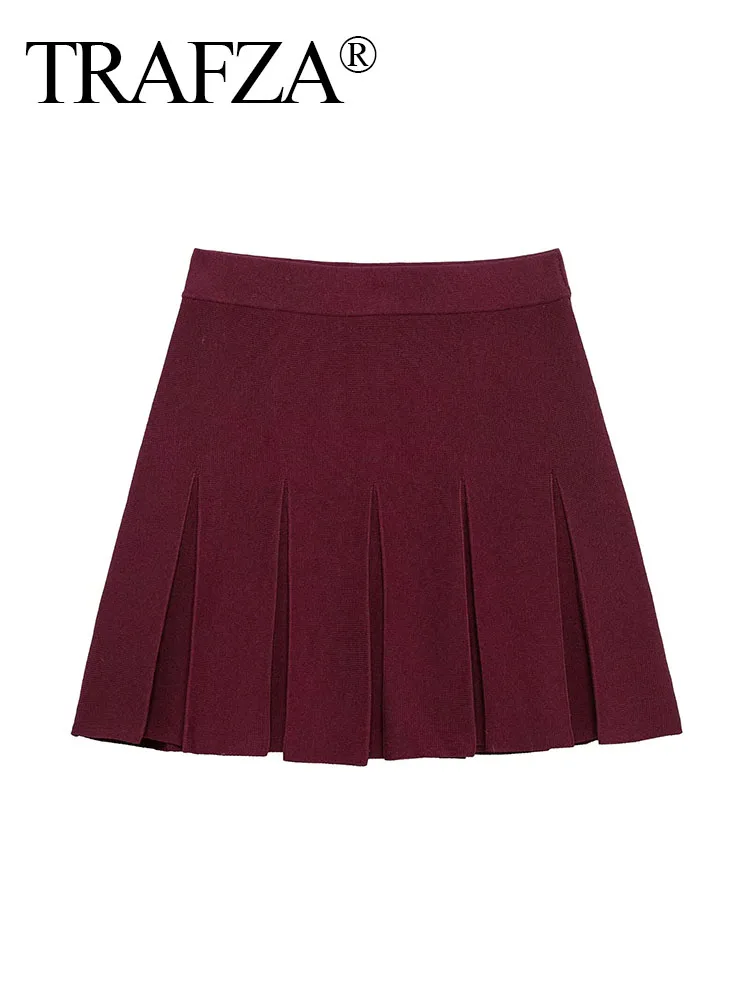 TRAFZA Woman Fashion High Street Pleated A-line Skirt Women Elegant Elastic Waist Casual Short Skirt Knitted Mini Skirt Mujer