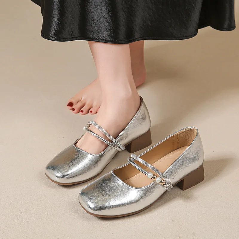 Elevated French Vintage Mary Jane Shoes Women's Spring New round Head Shallow Mouth Ballet Small Silver Shoes Slope Heel Pate...