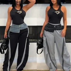 FAGADOER Fashion Wide Leg Pants Women Denim Patchwork Pocket High Waist Loose Jogger Pants Hot Girl Sweatpant Streetwear Bottoms