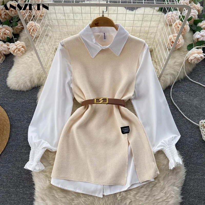 ANSZKTN Womem Spring Autumn College Style Waistband White Long Sleeve Shirt Knitted Vest Two Piece Shirt Top Blouses Shirts