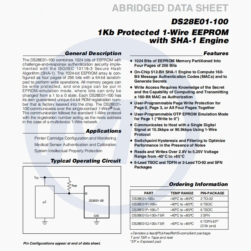 IC Chip FLASH Memory DS28E01P-100+T  TSOC-6 1Kb Protected 1-Wire EEPROM with SHA-1 Engine DS28E01-100 Brand New