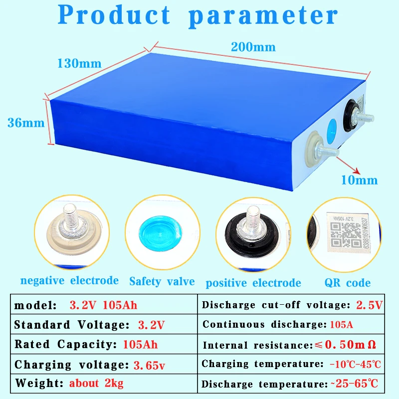 New 3.2V 105Ah Lifepo4 Rechargeable Battery 3C 300A High Power For 12V 24V E- vehicle EV RV Solar Storage Golf Cart Inverter DIY