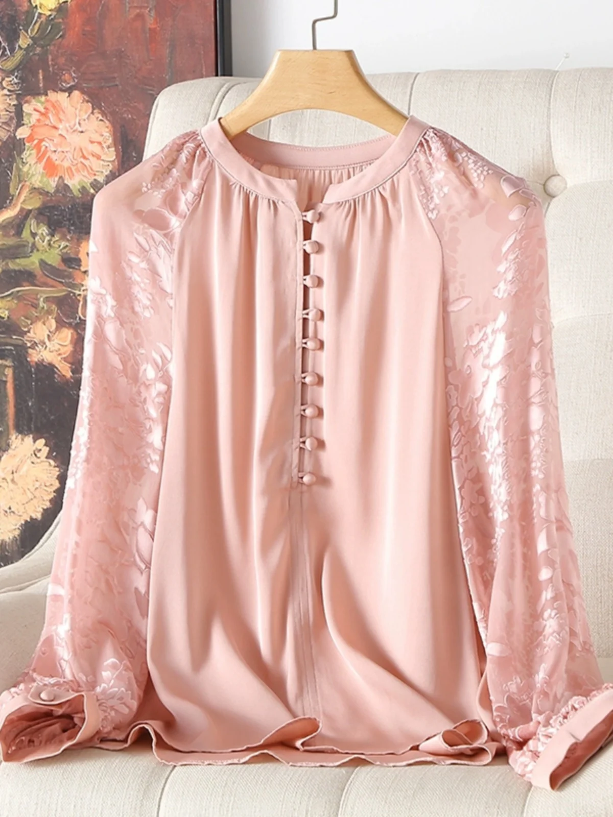 High Quality Heavy Real Silk Shirt Women's Embroidered Transparent Lantern Sleeve 2024 Summer New Stand Collar Long Top