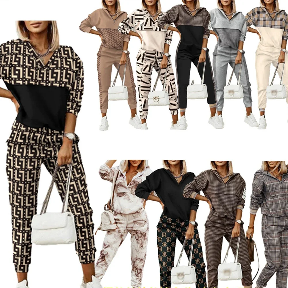 2024 Spring New Women Tracksuit Two Pieces Set Female Print Loose Pants Matching Suit Long Sleeve Tops Trousers Female Set