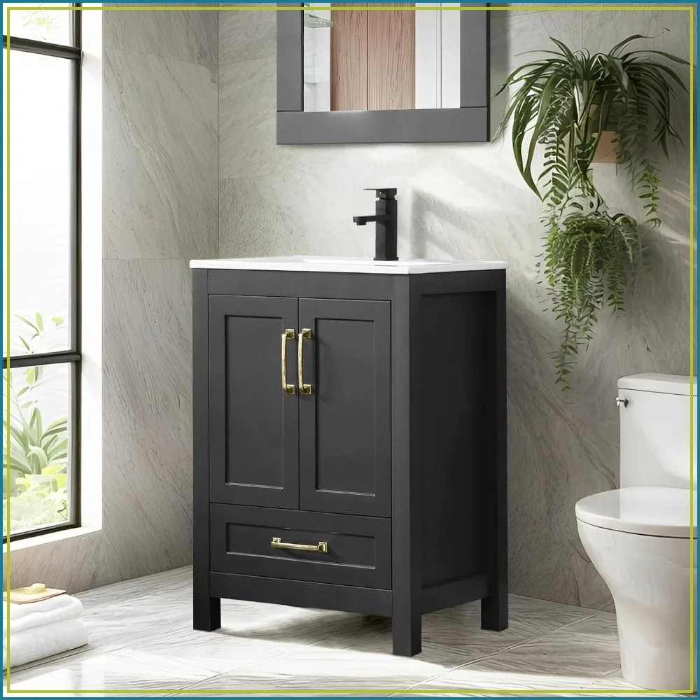 24 Inch Bathroom Vanity with Undermount Sink, Modern Wood Cabinet, Matte Black Faucet