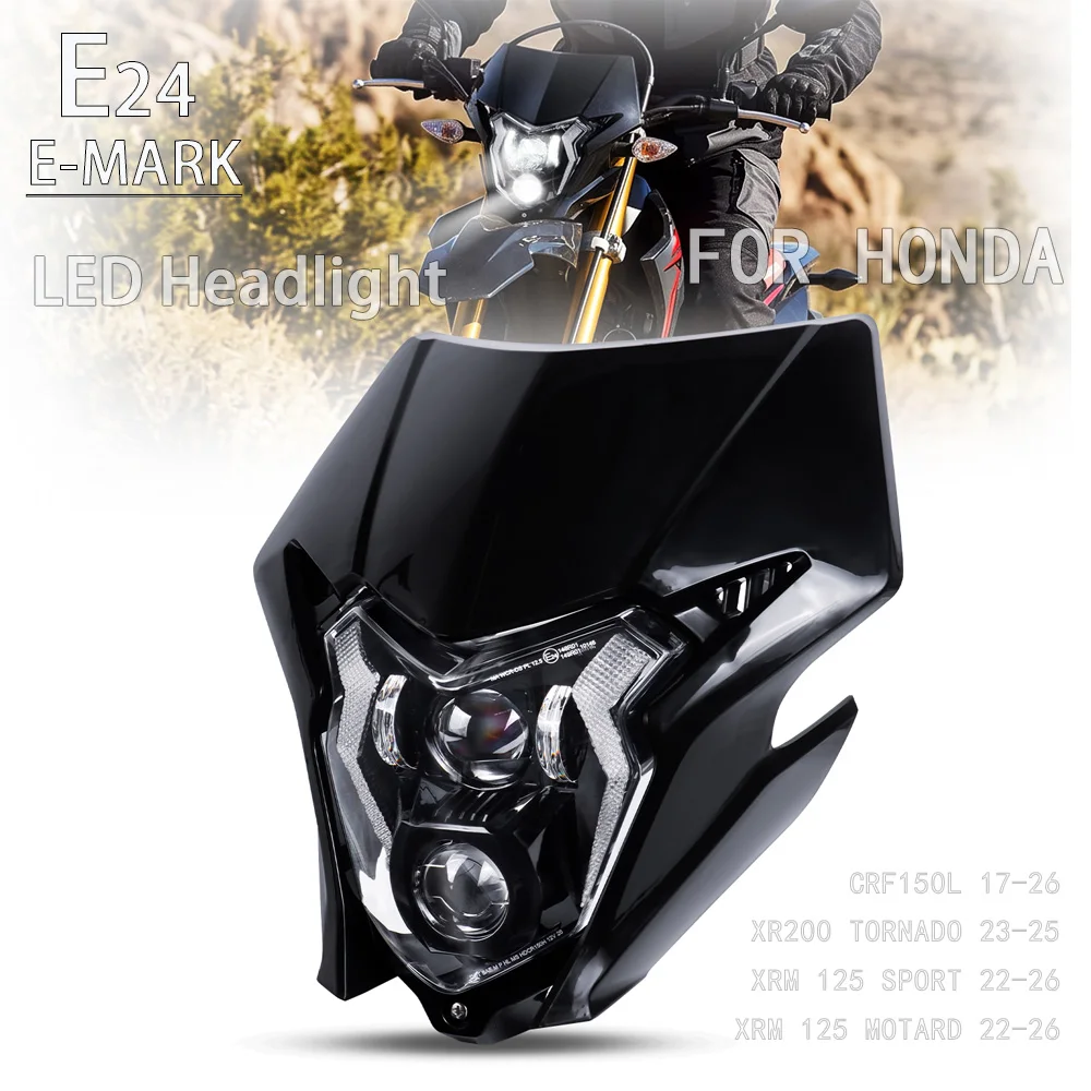 E24 LED Headlight Fairing For Honda CRF150L XR200 Tornado XRM 125 Motard Sport 2017-2026 Motorcycle Headlamp Mask W/ DRL Light