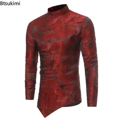 2026 Men's Irregular Oblique Hem Shirts Fashion Printed Stand Collar Button Long Sleeve Shirts Slim Casual Social Shirts for Men