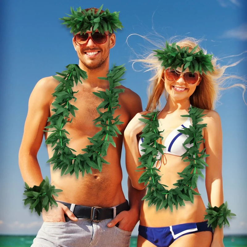 

Green Hawaiian Leaves Wreath Necklace Headband Bracelet Set Tropical Summer Beach Party Ball Perform Dress Adornment Prop