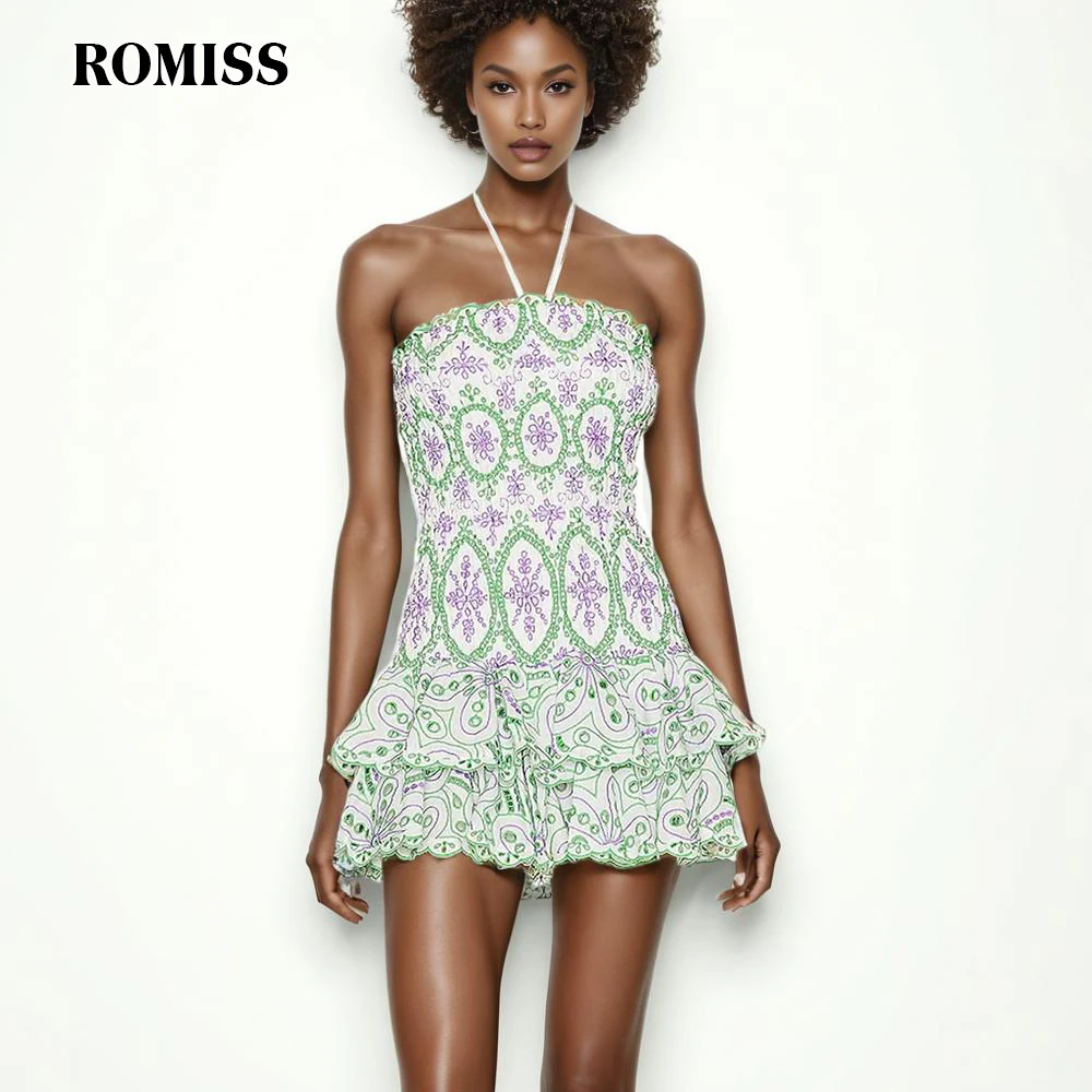 

ROMISS Print Embroidery Dresses For Women Strapless Sleeveless Backless High Waist Hit Colour Spliced Ruffles Mini Dress Female