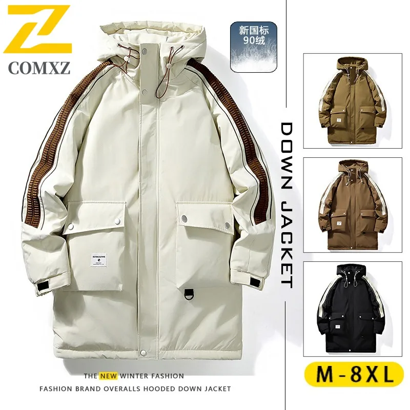 COMXZ الشتاء الرجال منتصف طول كبير الحجم أسفل سترة جديدة المعايير الوطنية 90% الأبيض بطة أسفل مقنعين تسلق بدلة رياضية في الهواء الطلق