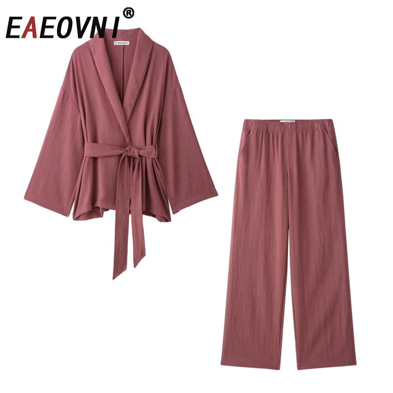 

EAEOVNI Casual Solid Color Women 2 Piece Set V Neck Belt Waist Blouse + Wide Leg Trousers Versatile 2025 New Clothing 1A882