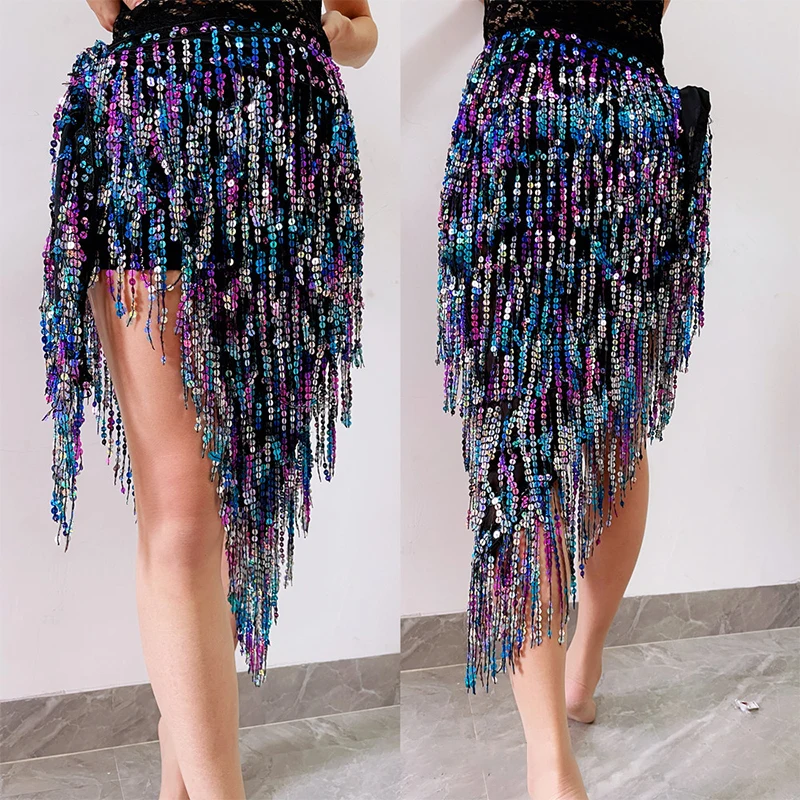 Women Bellydance Hip Scarf Sequin Tassel Belly Dance Practice Dress Waist Chain Hip Towel Wrapped Skirt Costume Fringe Wrap