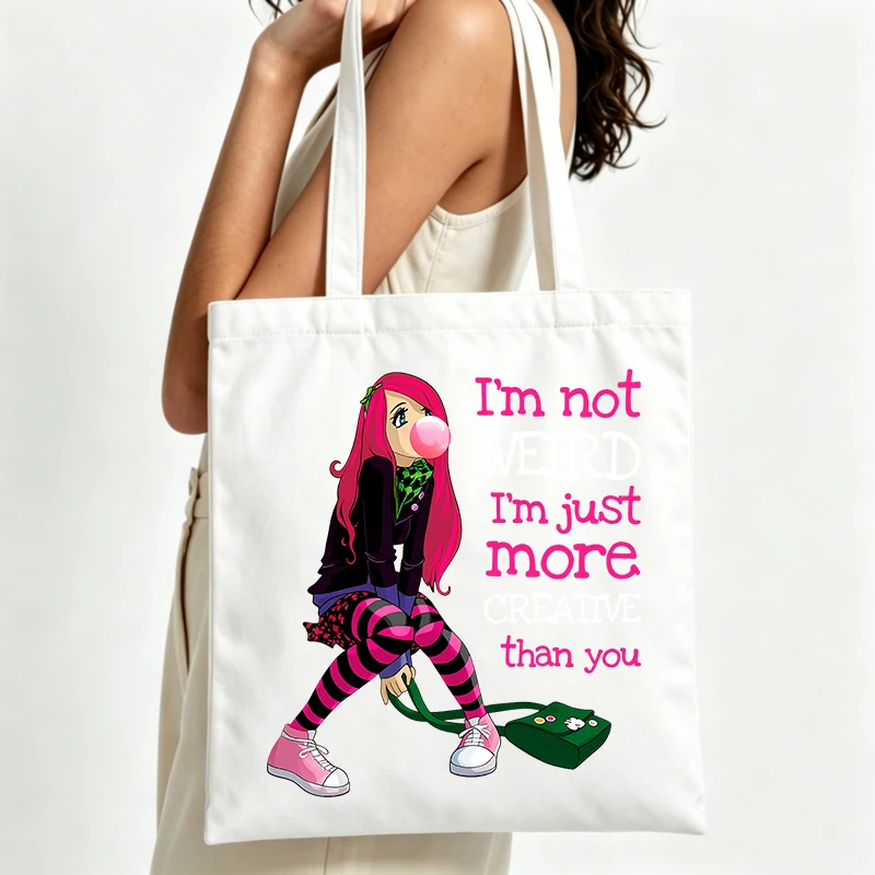 canvas tote bag with anime-style girl graphic and slogan print, streetwear style for daily shopping and casual outings