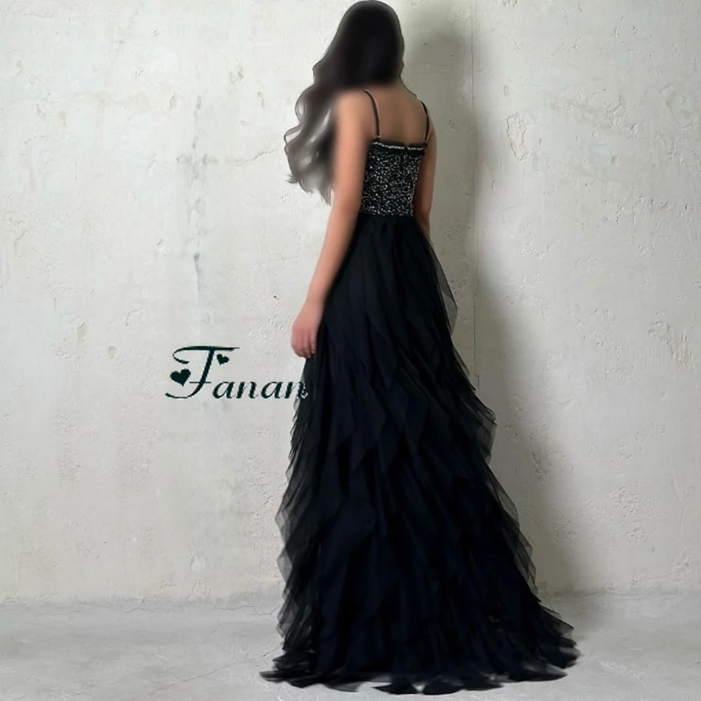 Customized Yipeisha Simple Strapless Black Tulle Evening Dresses Sparkly Sequined Spaghetti Pleat Reach Floor Length Formal Gala