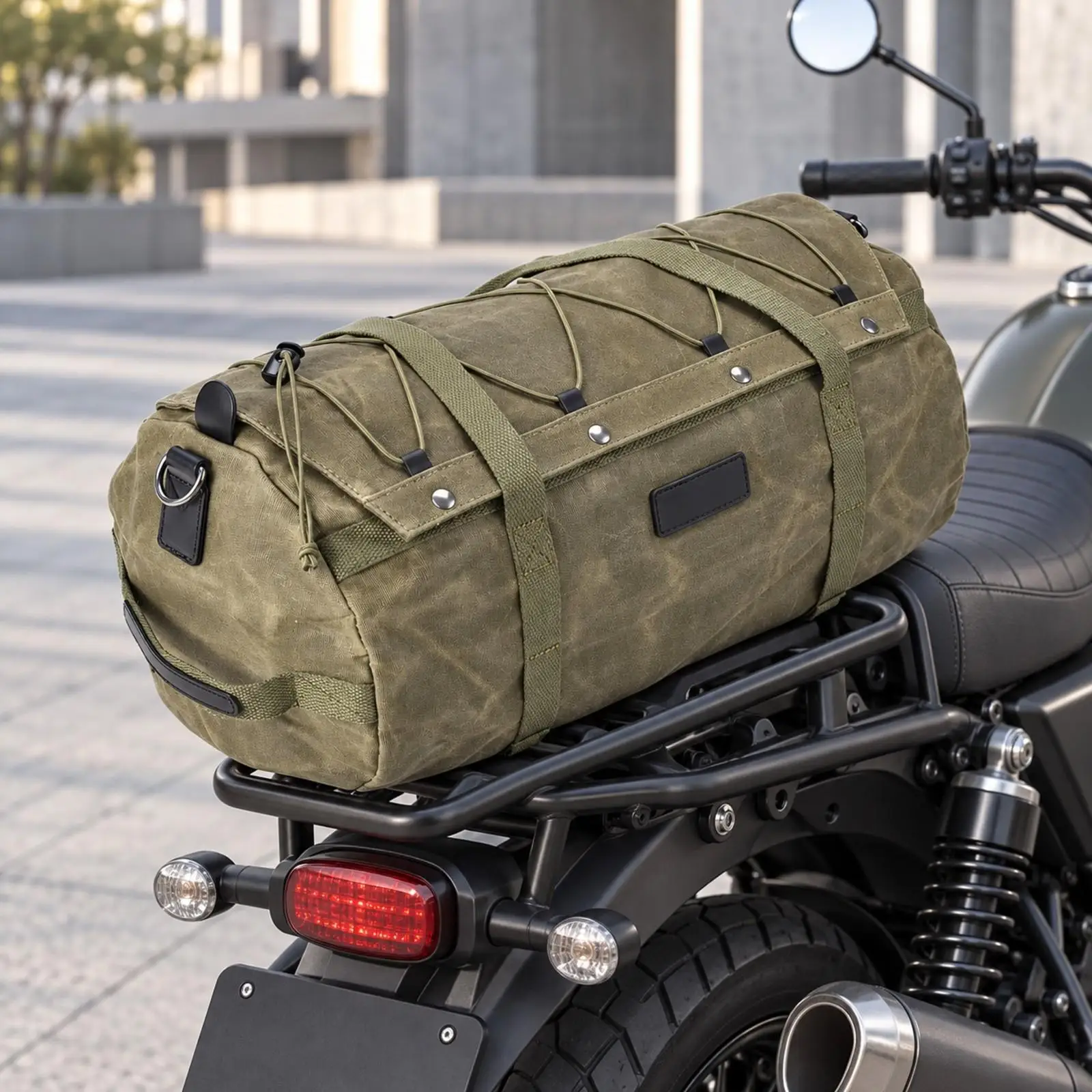 Motorcycle Rear Storage Duffel Bag Waxed Canvas Water Resistant for Commuting and Travel with Metal Hardware