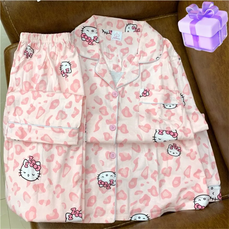 Hello Kitty Leopard Print Pajamas Pajama Pants Suit Spring and Autumn Casual Cardigan Long Sleeve Home Wear Suit for Women