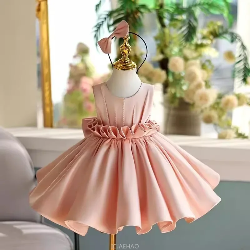 

Girls Pink Princess Piano Performance Dress Flower Girl Wedding Birthday Host Gown Formal Events Matching Kids Birthday Host