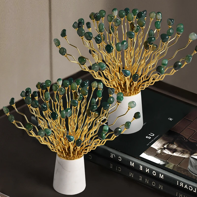 Modern Living Room Natural Green Agate Stone Flowers Blooming Ornaments Rich For Home Office Hotel Desktop Decor Accessories