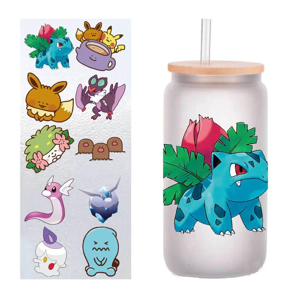 

10 шт./пакет, маленькие наклейки для передачи УФ-излучения Pokémon, хрустальная этикетка, наклейки на чашки, индивидуальные на четыре дюйма.