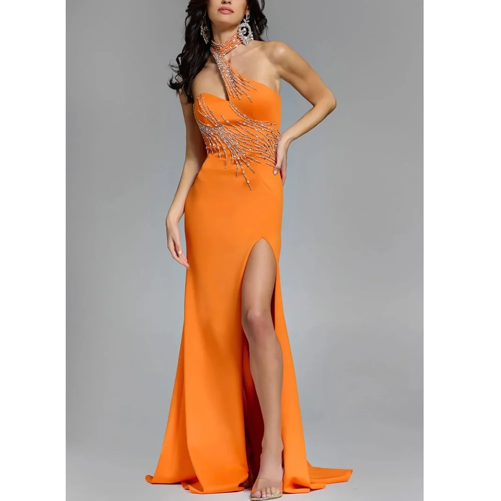 

Elegant High Collar Beading Sleeveless Floor Length Prom Gowns Formal Banquet Long Dresses Side Slit Evening Dresses