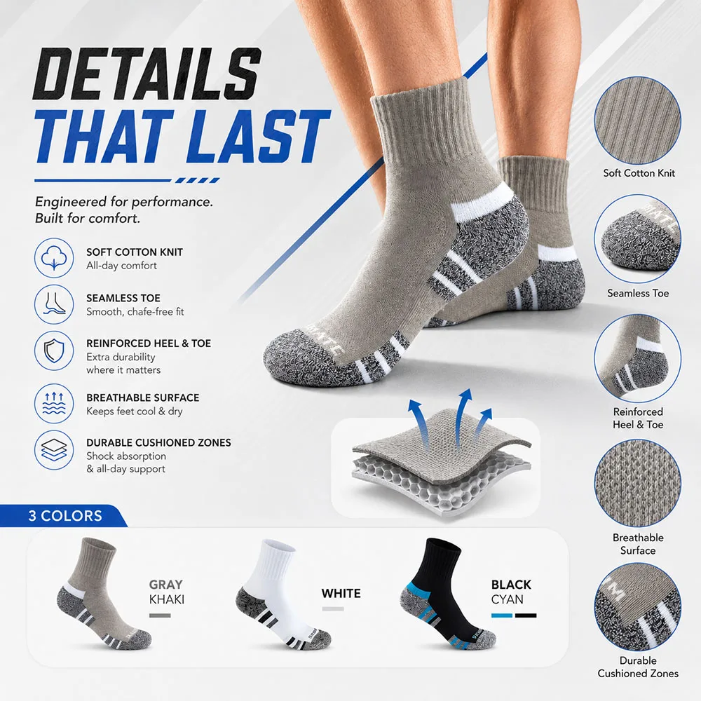 6/12 pairs Men Crew Sports Socks Cushioned Thick Cotton Athletic Socks Breathable Seamless Toe Running Hiking Work Socks Shock