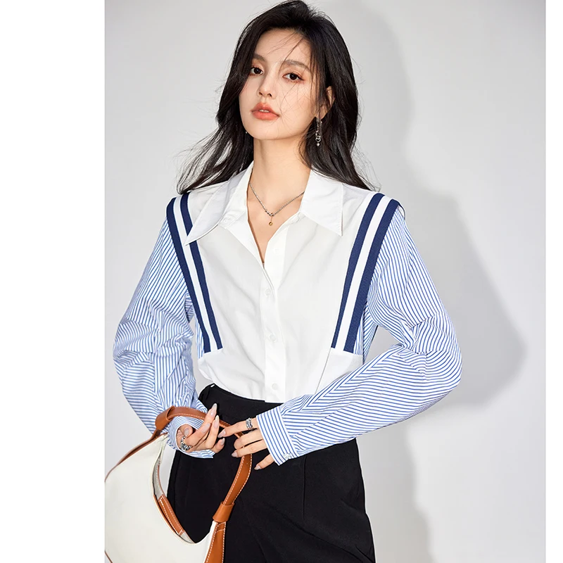 French Elegant Office Lady Shirt Female 2024 Spring Striped Contrasting Color Long-Sleeved Temperament Slim Top Fashion Blouse