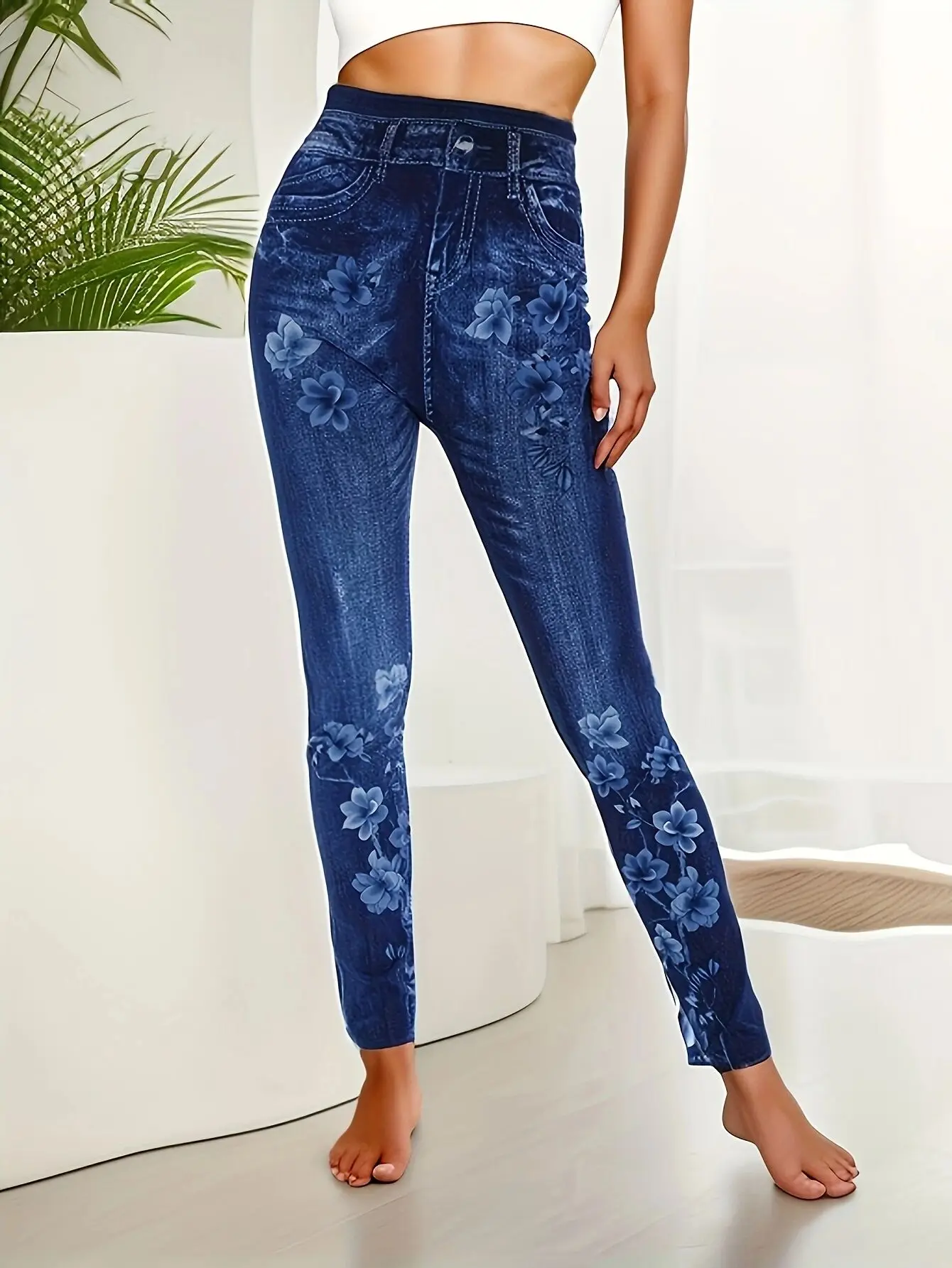 CUHAKCI Directed European and American Style Middle Eastern Fashion Imitation Denim Bottom Pants Fake Pockets Blue Flower Patter