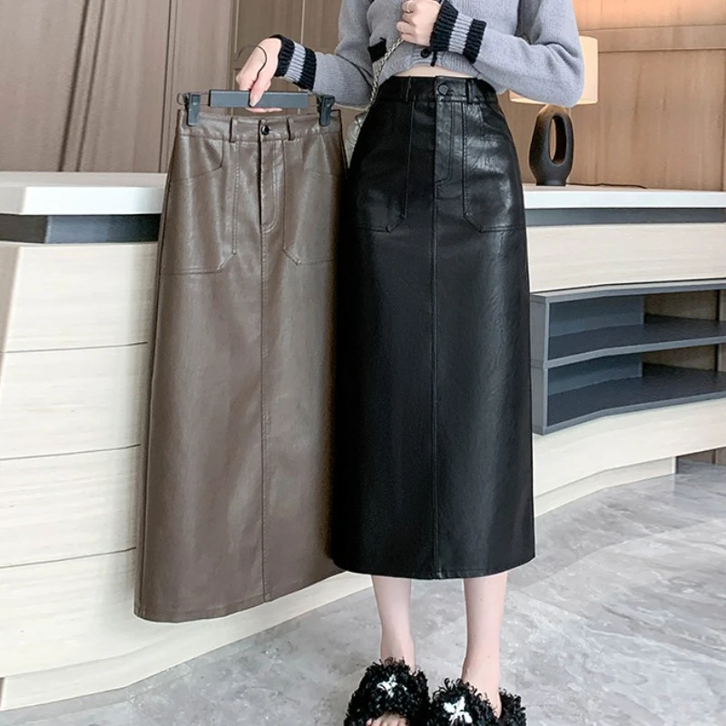 

Autumn Winter High Waist Vintage Washed PU Leather Women's Sheath Wrap Skirts Pocket 2025 Back Split Office A-line Skirts Female